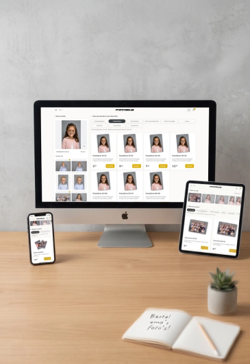 Capture d'écran de la boutique en ligne Profotosales avec des photos scolaires sur ordinateur, tablette et smartphone