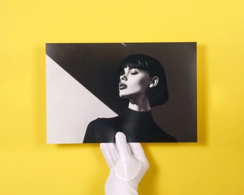 zwart-wit fotoafdruk met handschoen