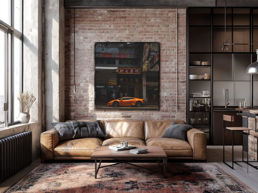 Steinwand mit orangefarbenem Auto als Wandbild