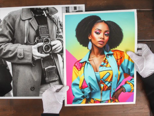 Een kleur- en zwart-wit fotoafdruk op grootformaat naast elkaar